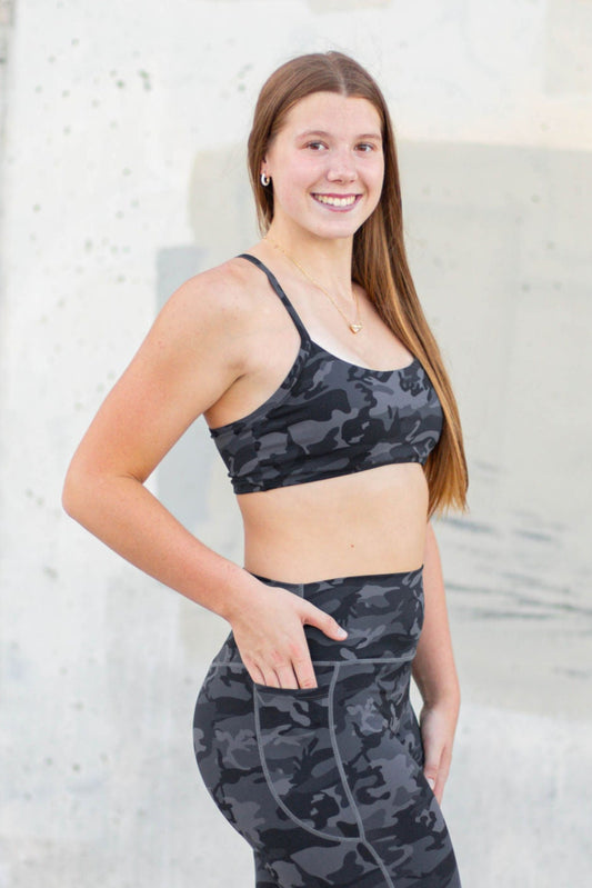 Person wearing a sports bra and leggings set against a concrete wall.