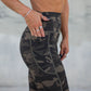 Person wearing a camouflage sports bra and leggings set on a blurred background